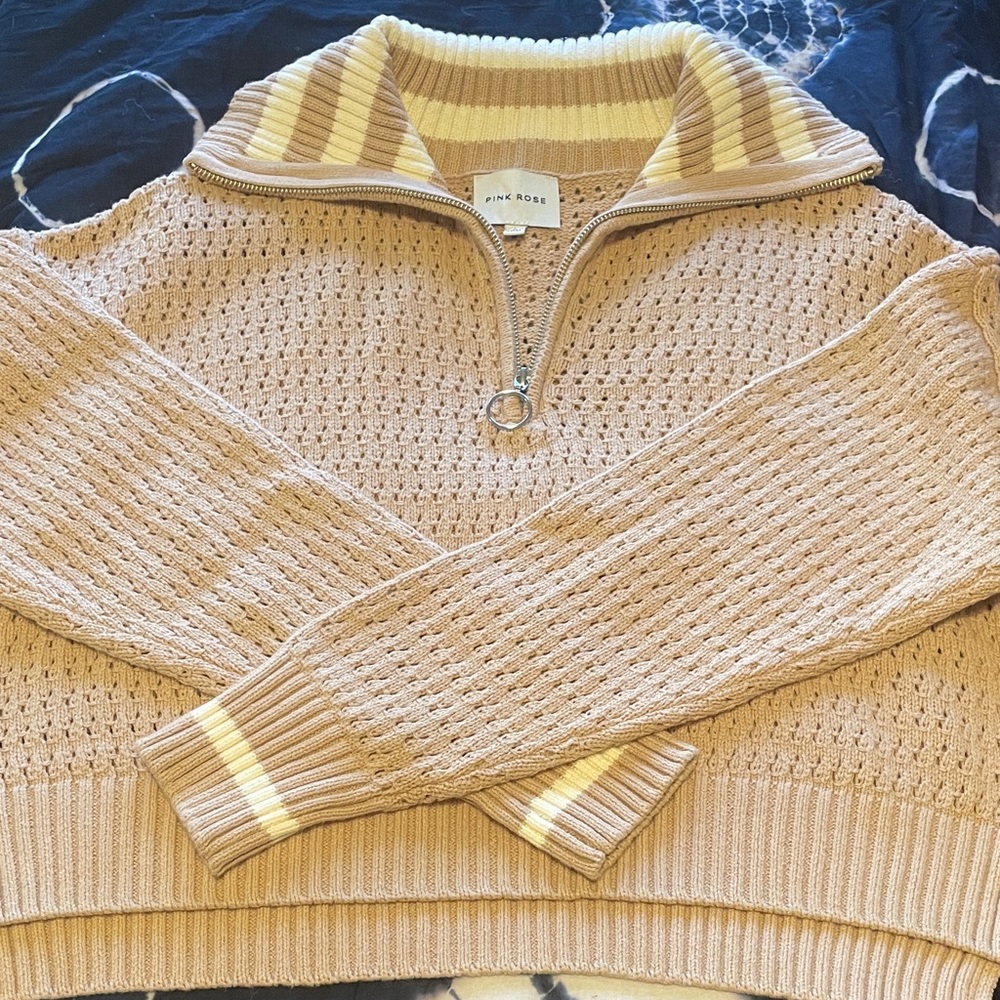 Pink Rose Beige Striped Zip-Neck Cowl Sweater